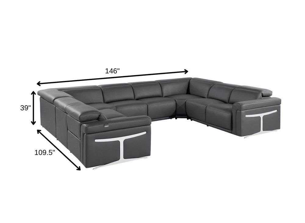 Dark Gray Italian Leather Power Reclining U Shaped Eight Piece Corner Sectional With Console