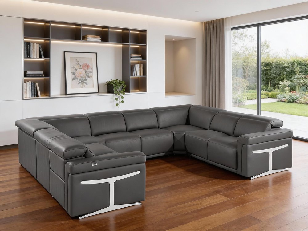 Dark Gray Italian Leather Power Reclining U Shaped Eight Piece Corner Sectional With Console