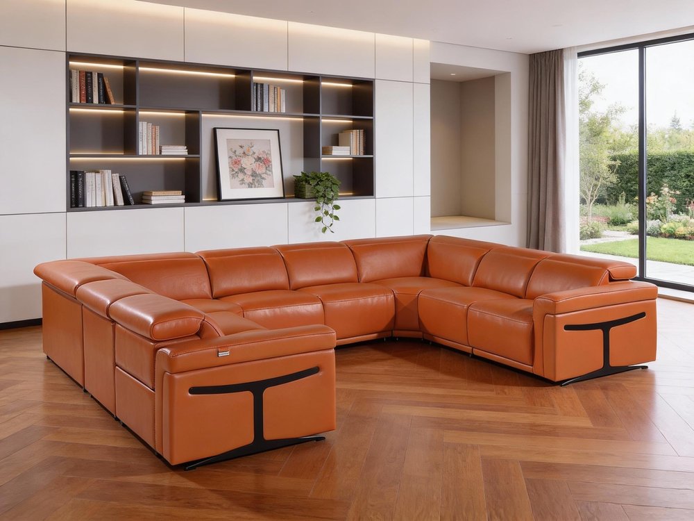 Camel Italian Leather Power Reclining U Shaped Eight Piece Corner Sectional With Console