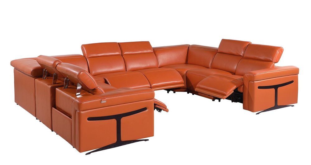 Camel Italian Leather Power Reclining U Shaped Eight Piece Corner Sectional With Console on a white background