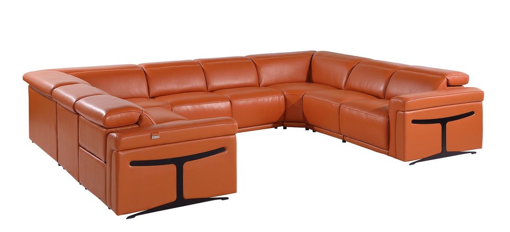 Camel Italian Leather Power Reclining U Shaped Eight Piece Corner Sectional With Console on a white background