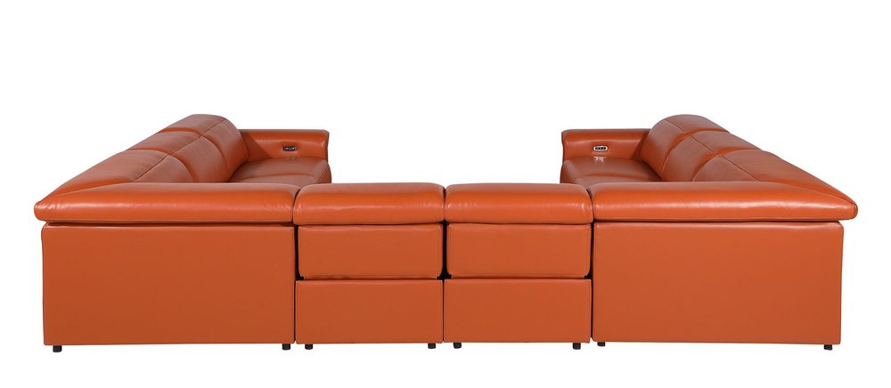 Camel Italian Leather Power Reclining U Shaped Eight Piece Corner Sectional With Console on a white background