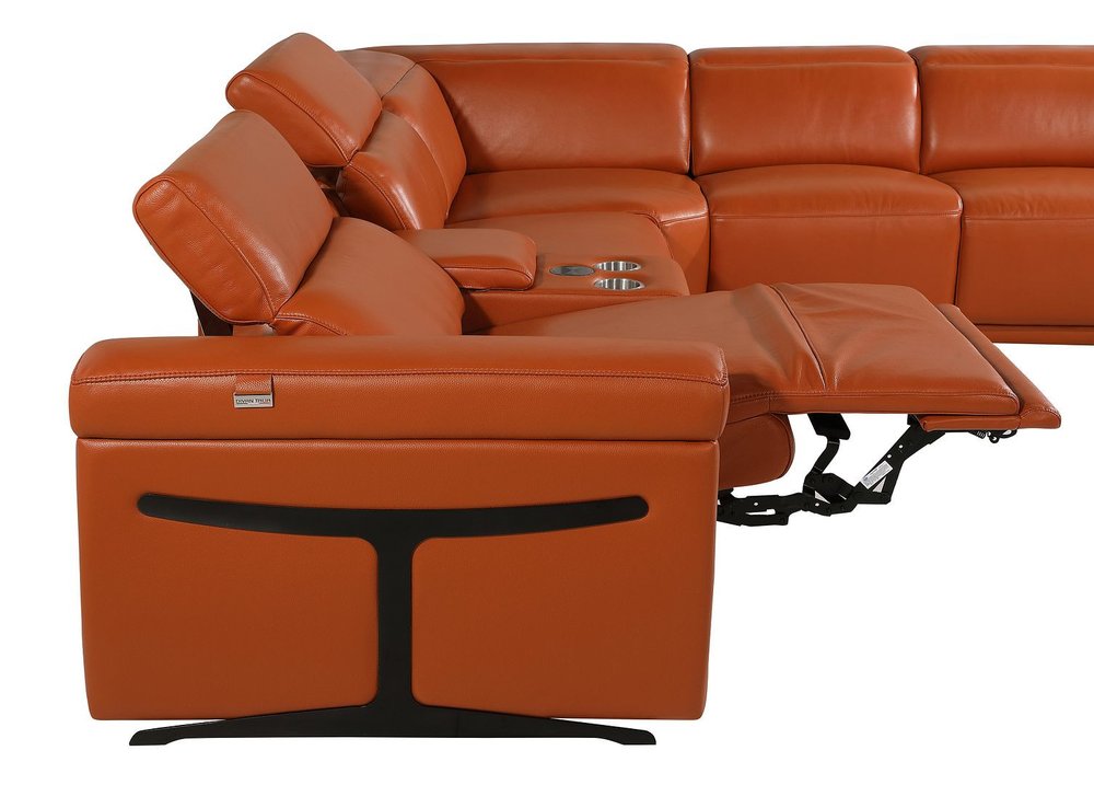 Camel Italian Leather Power Reclining U Shaped Eight Piece Corner Sectional With Console on a white background