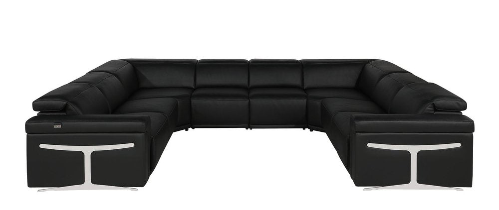 Black Italian Leather Power Reclining U Shaped Eight Piece Corner Sectional With Console on a white background