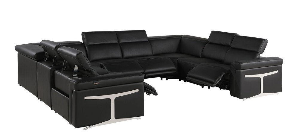 Black Italian Leather Power Reclining U Shaped Eight Piece Corner Sectional With Console on a white background