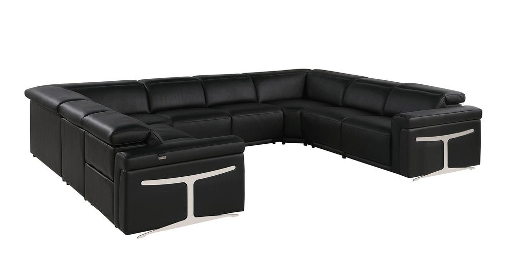 Black Italian Leather Power Reclining U Shaped Eight Piece Corner Sectional With Console on a white background