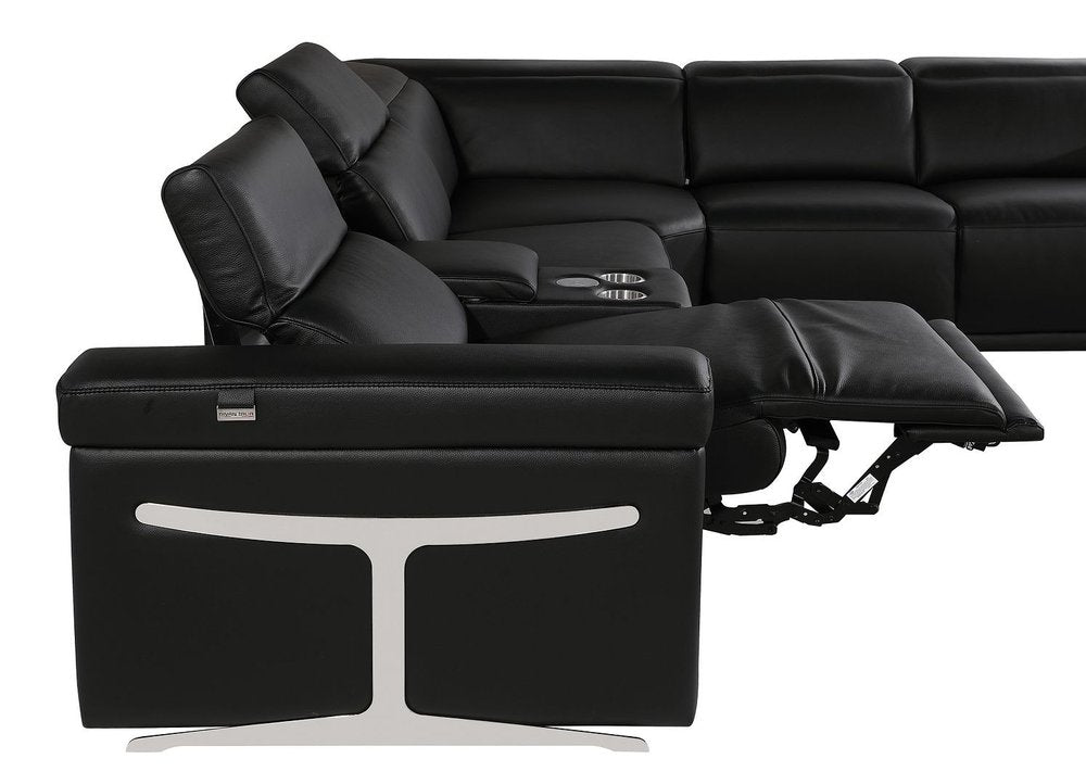 Black Italian Leather Power Reclining U Shaped Eight Piece Corner Sectional With Console
