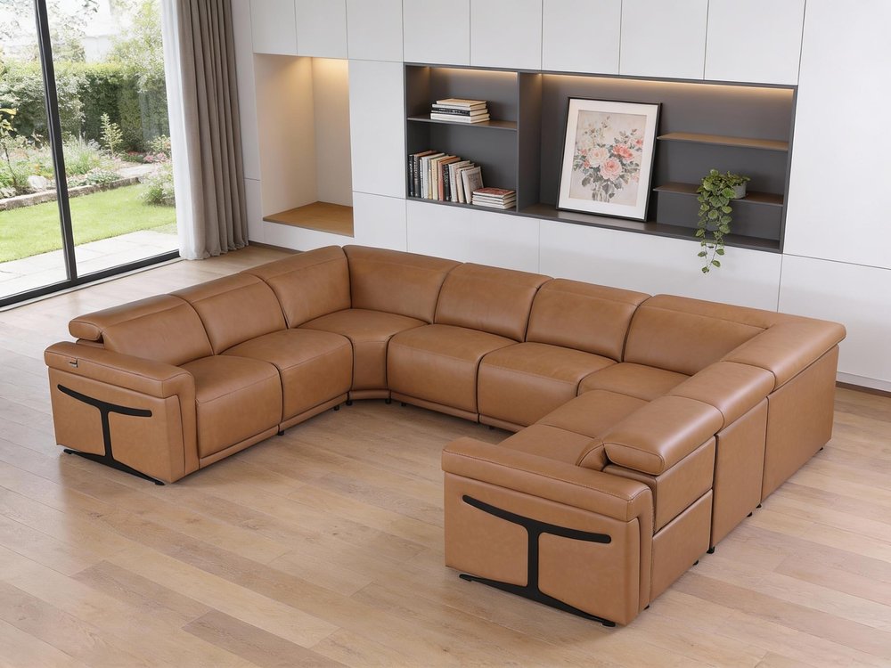 Chestnut Italian Leather Power Reclining U Shaped Eight Piece Corner Sectional With Console