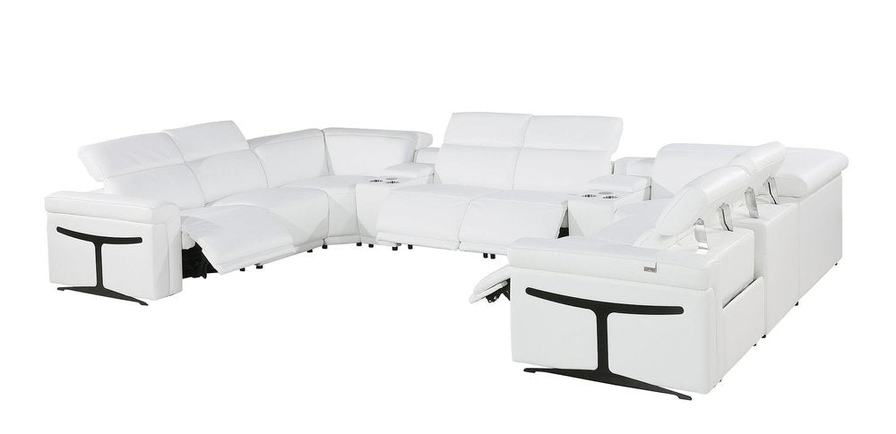 White Italian Leather Power Reclining U Shaped Ten Piece Corner Sectional With Console on a white background