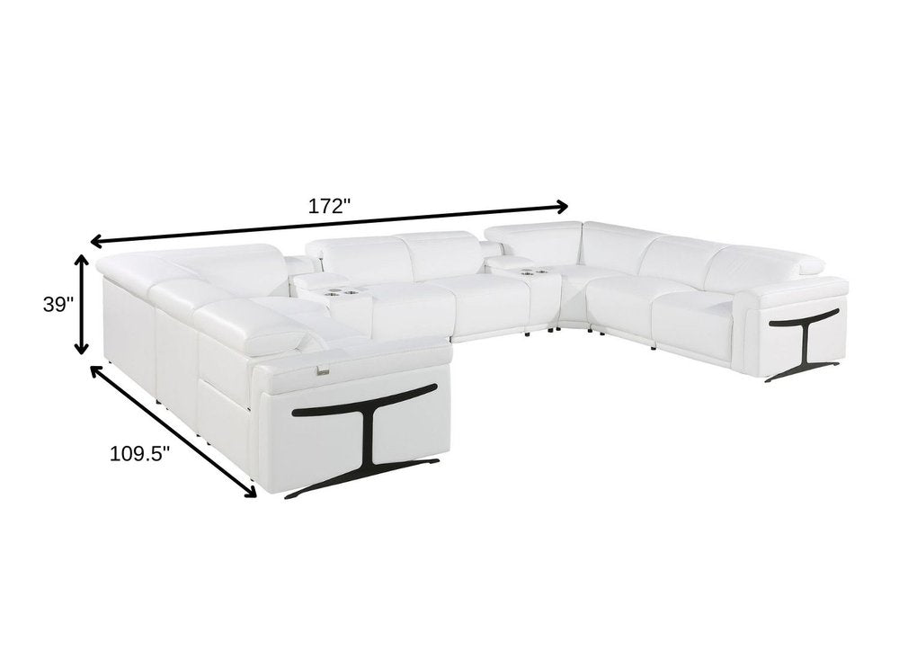 White Italian Leather Power Reclining U Shaped Ten Piece Corner Sectional With Console on a white background