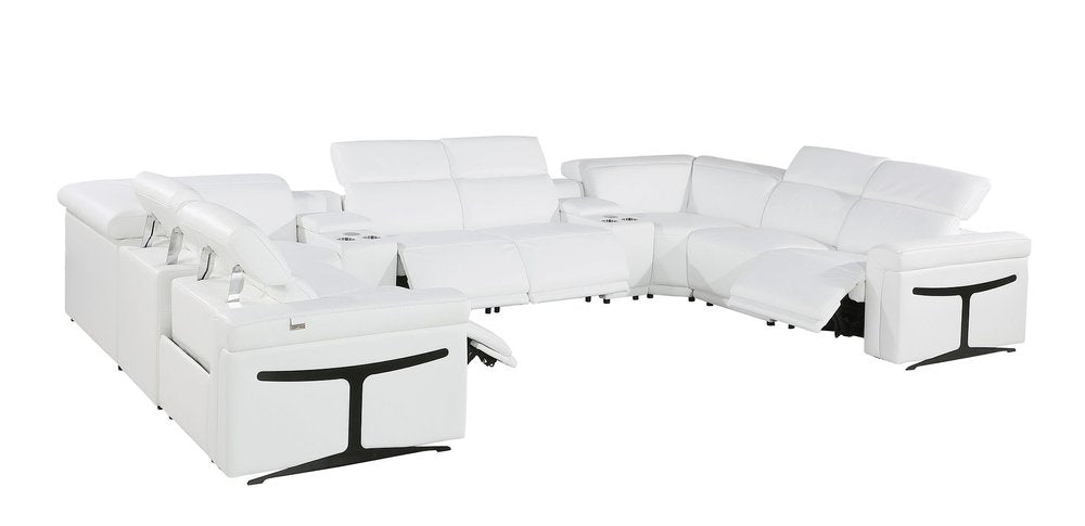 White Italian leather U-shaped ten-piece power reclining sectional sofa with console and cup holders on a white background.