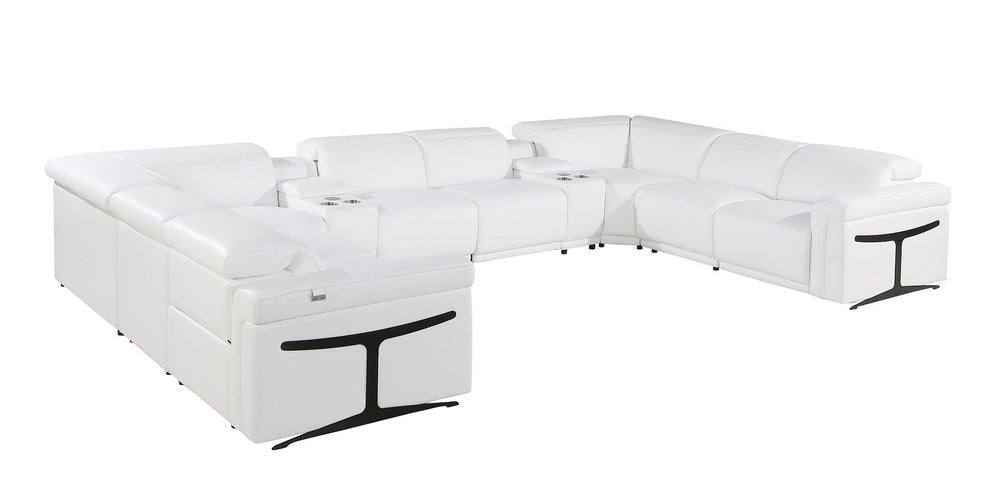 White Italian Leather Power Reclining U Shaped Ten Piece Corner Sectional With Console