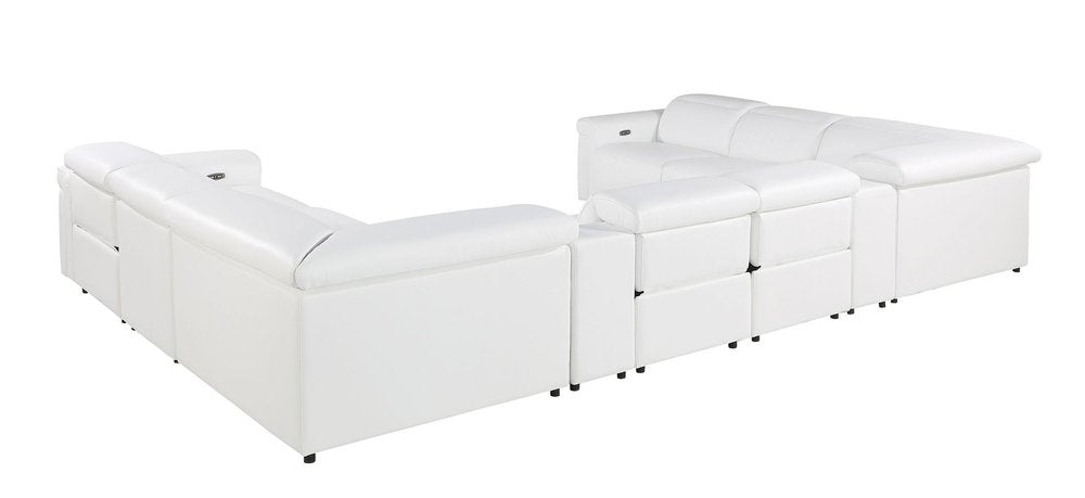 White Italian Leather Power Reclining U Shaped Ten Piece Corner Sectional With Console on a white background