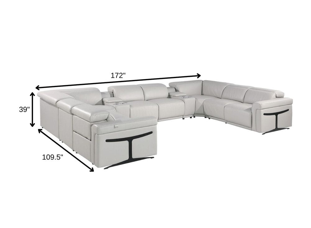 Light Gray Italian Leather Power Reclining U Shaped Ten Piece Corner Sectional With Console