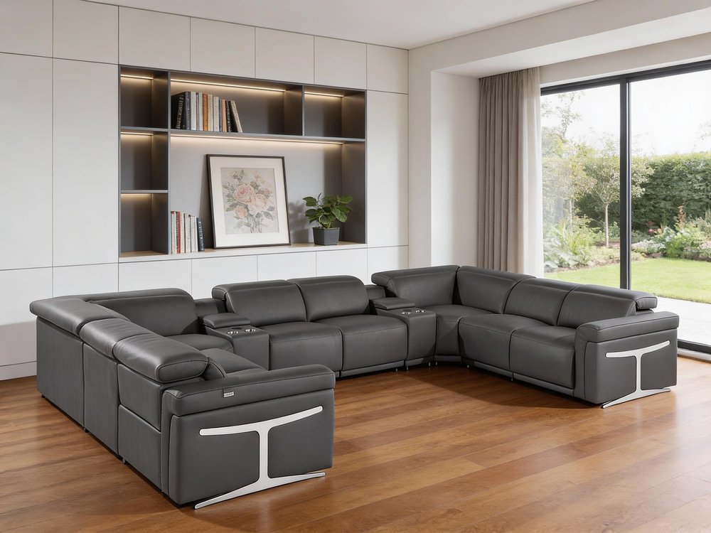 Dark Gray Italian Leather Power Reclining U Shaped Ten Piece Corner Sectional With Console