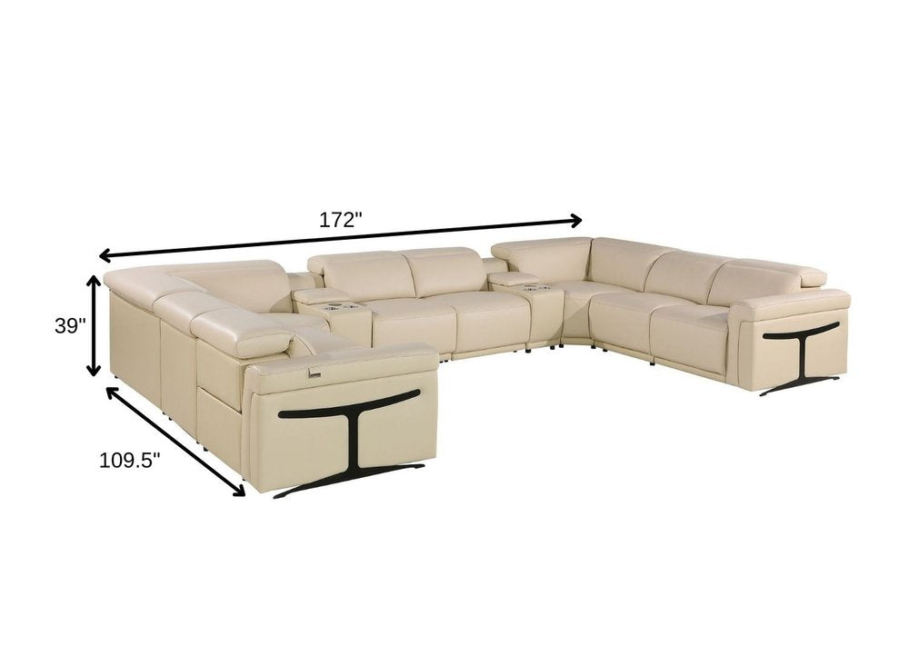 Beige Italian Leather Power Reclining U Shaped Ten Piece Corner Sectional With Console