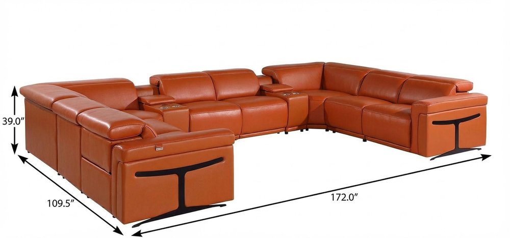 Camel Italian Leather Power Reclining U Shaped Ten Piece Corner Sectional With Console