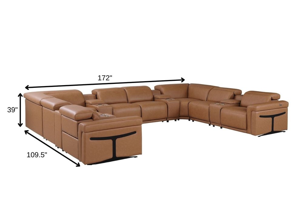Chestnut Italian Leather Power Reclining U Shaped Ten Piece Corner Sectional With Console