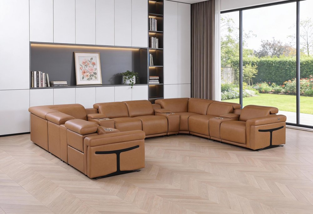 Chestnut Italian Leather Power Reclining U Shaped Ten Piece Corner Sectional With Console