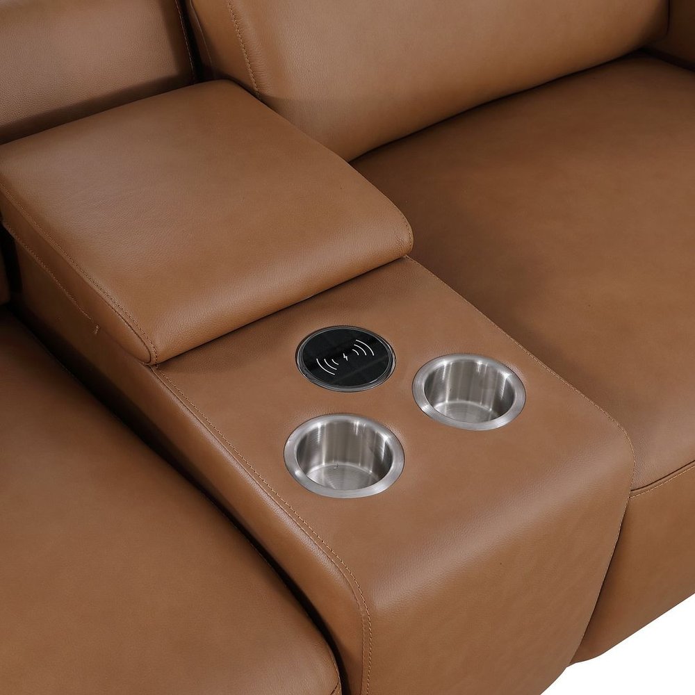 Chestnut Italian Leather Power Reclining U Shaped Ten Piece Corner Sectional With Console