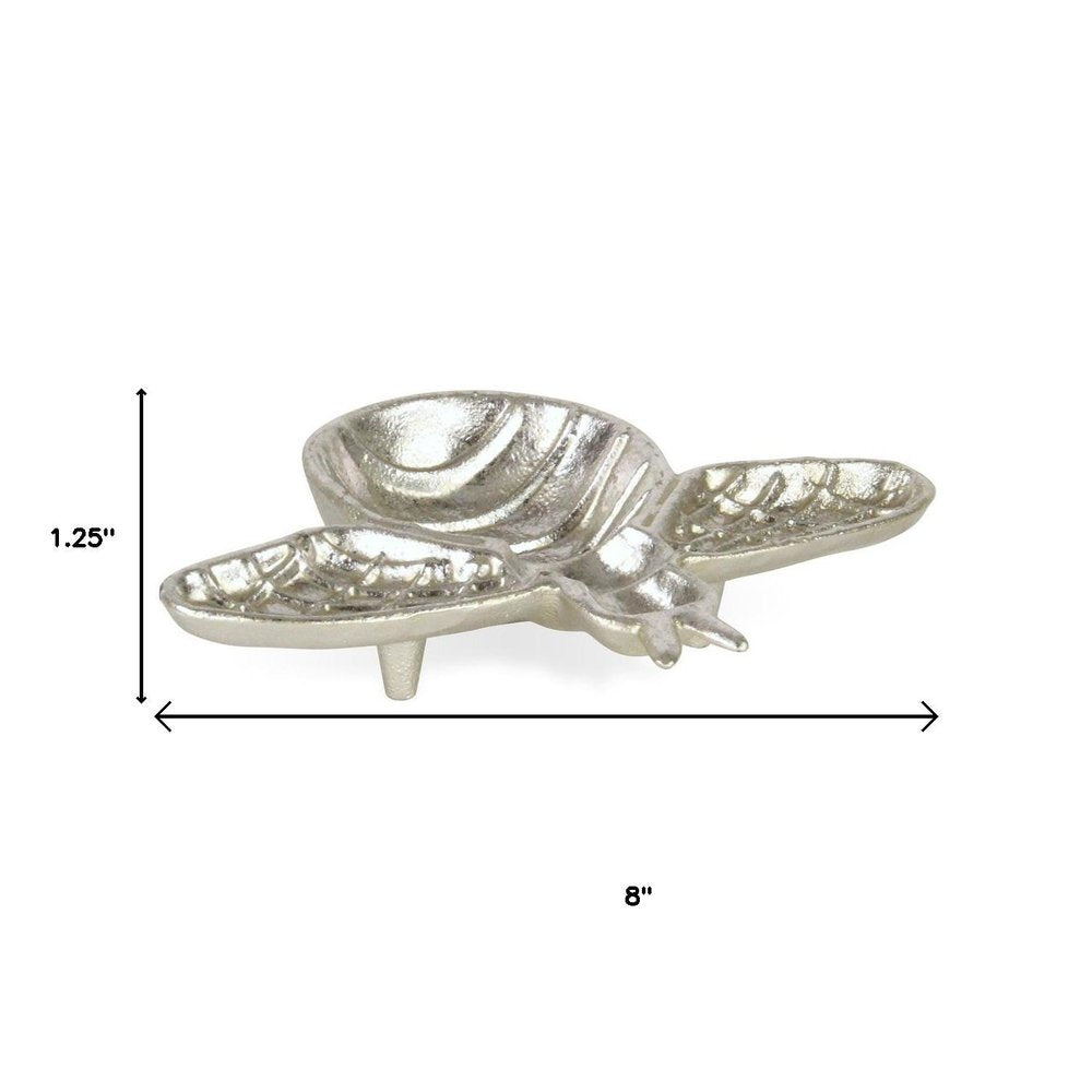 8" Silver Cast Iron Bumble Bee Trinket Tray on a white background