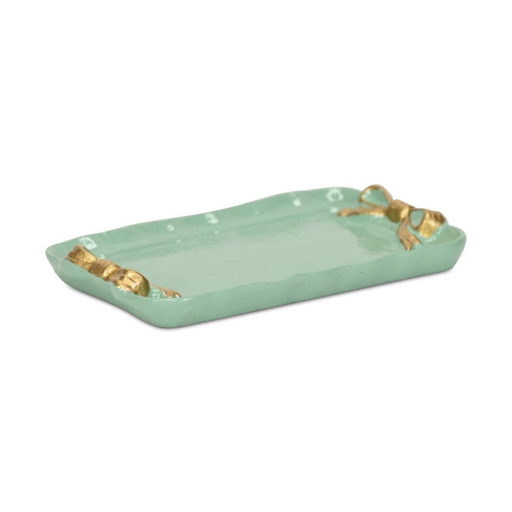 8" Aqua And Gold Cast Iron Ribbons Vanity Tray on a white background