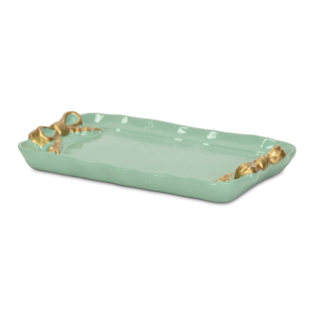8" Aqua And Gold Cast Iron Ribbons Vanity Tray on a white background