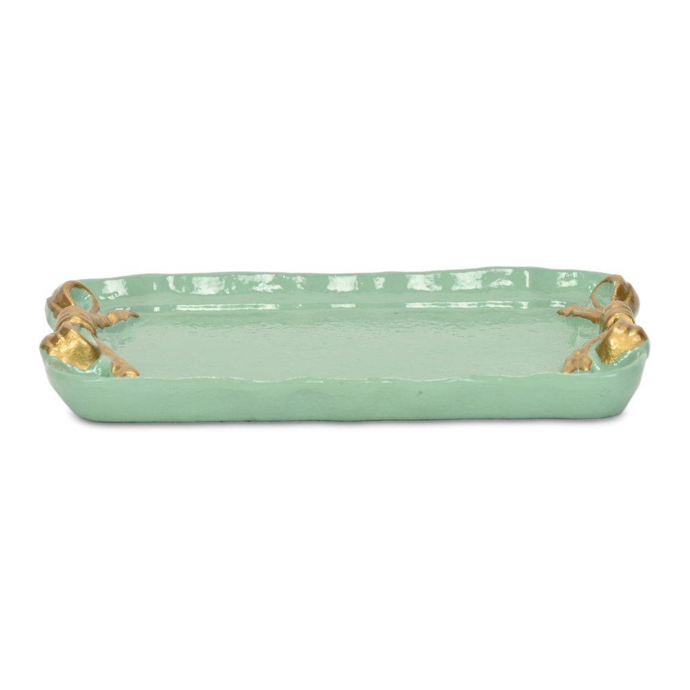 8" Aqua And Gold Cast Iron Ribbons Vanity Tray on a white background