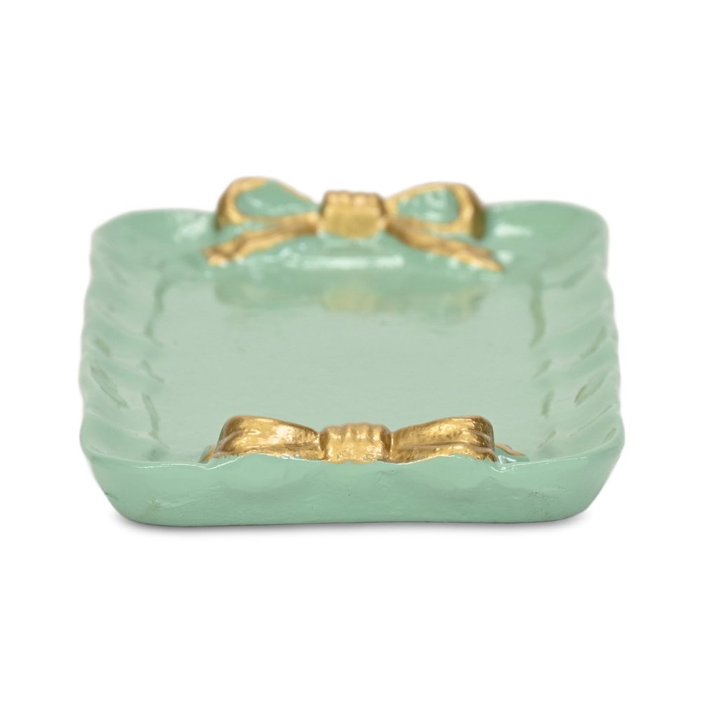8" Aqua And Gold Cast Iron Ribbons Vanity Tray on a white background