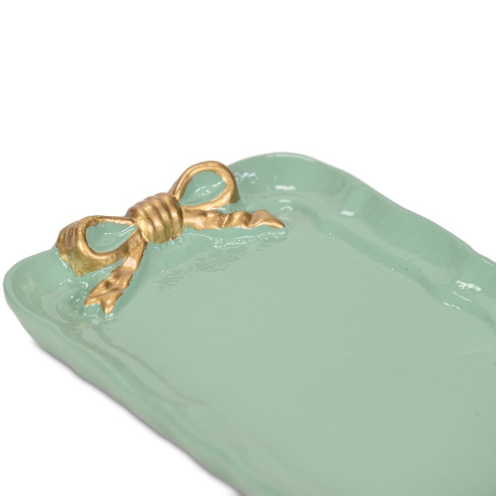 8" Aqua And Gold Cast Iron Ribbons Vanity Tray on a white background