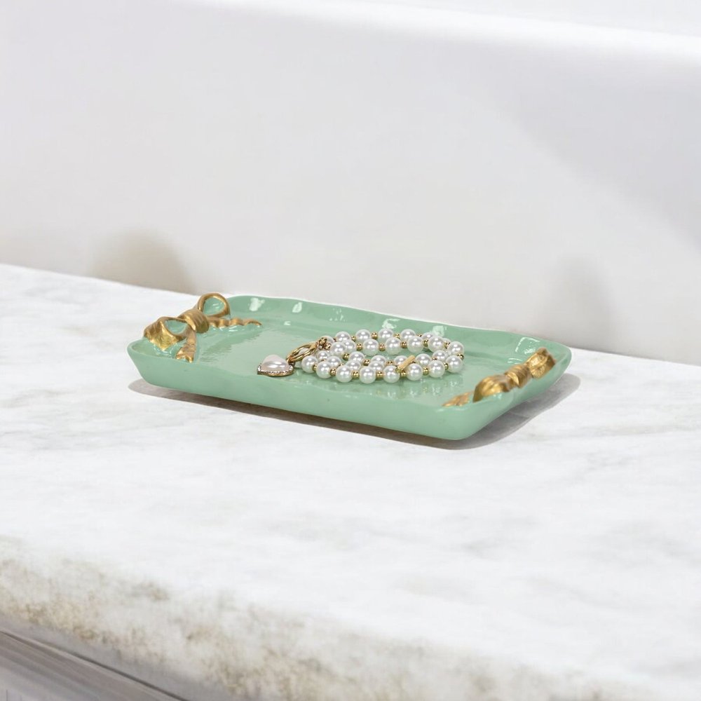8" Aqua And Gold Cast Iron Ribbons Vanity Tray on a white background