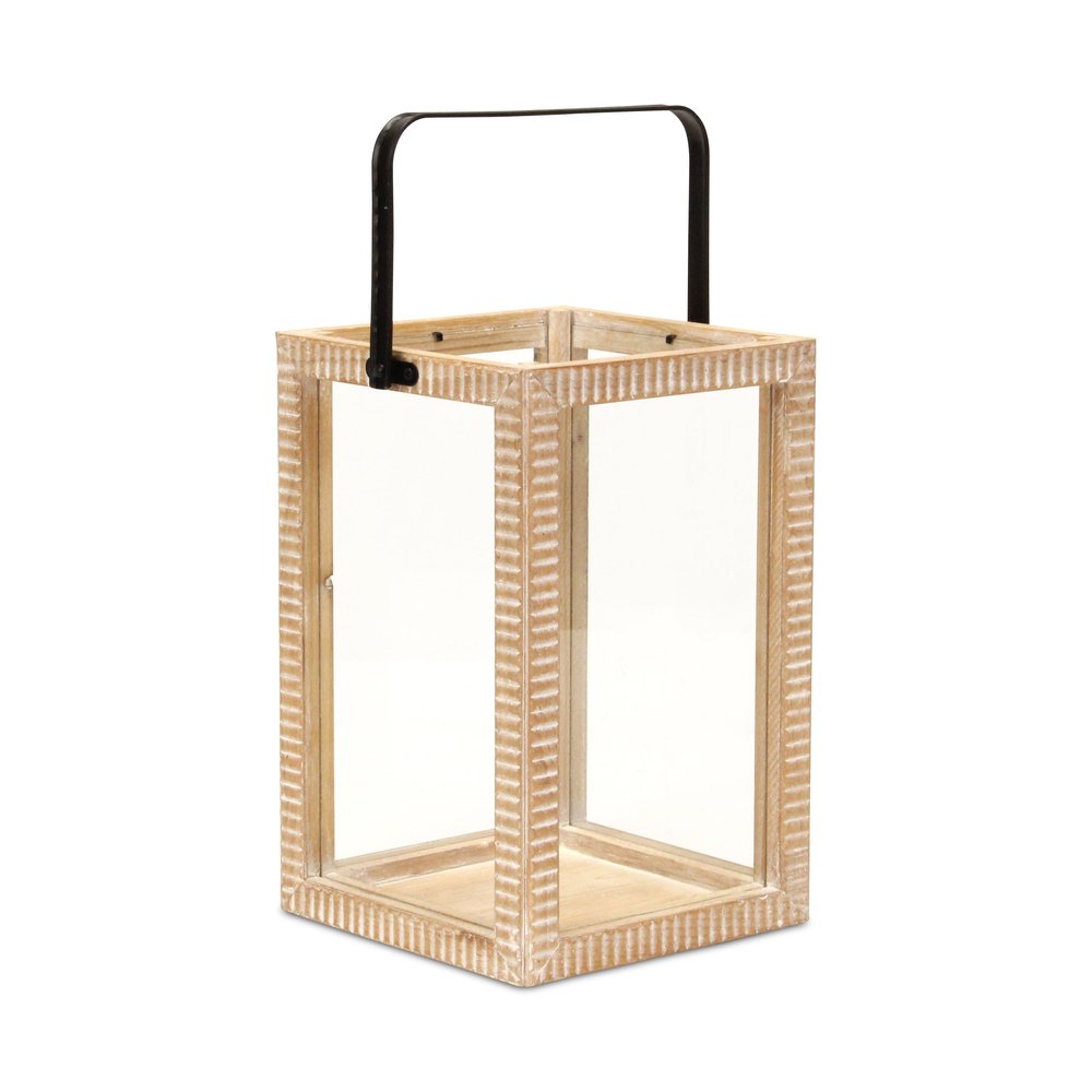 16" Clear And Natural Glass And Solid Wood Tabletop Lantern Candle Holder. Candle holder isolated on a plain white background, in a tan wood finish.