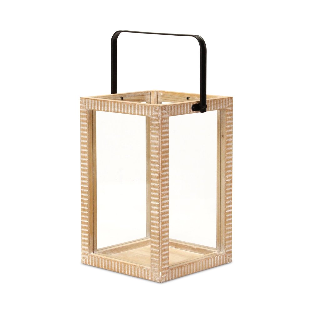 16" Clear And Natural Glass And Solid Wood Tabletop Lantern Candle Holder. Candle holder isolated on a plain white background, showing a tan wood surface.