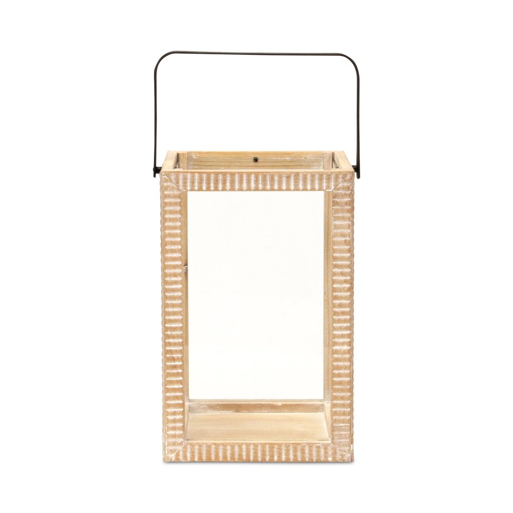 16" Clear And Natural Glass And Solid Wood Tabletop Lantern Candle Holder. Candle holder isolated on a plain white background, in a tan wood finish.