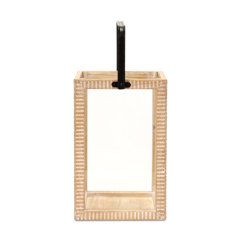 16" Clear And Natural Glass And Solid Wood Tabletop Lantern Candle Holder. Candle holder isolated on a plain white background, finished in tan wood.