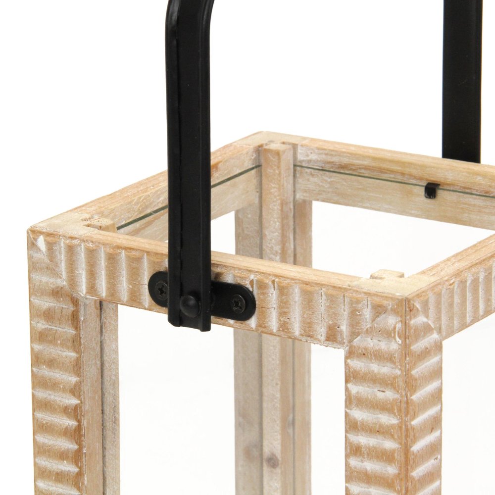 16" Clear And Natural Glass And Solid Wood Tabletop Lantern Candle Holder. Candle holder isolated on a plain white background, finished in tan wood.