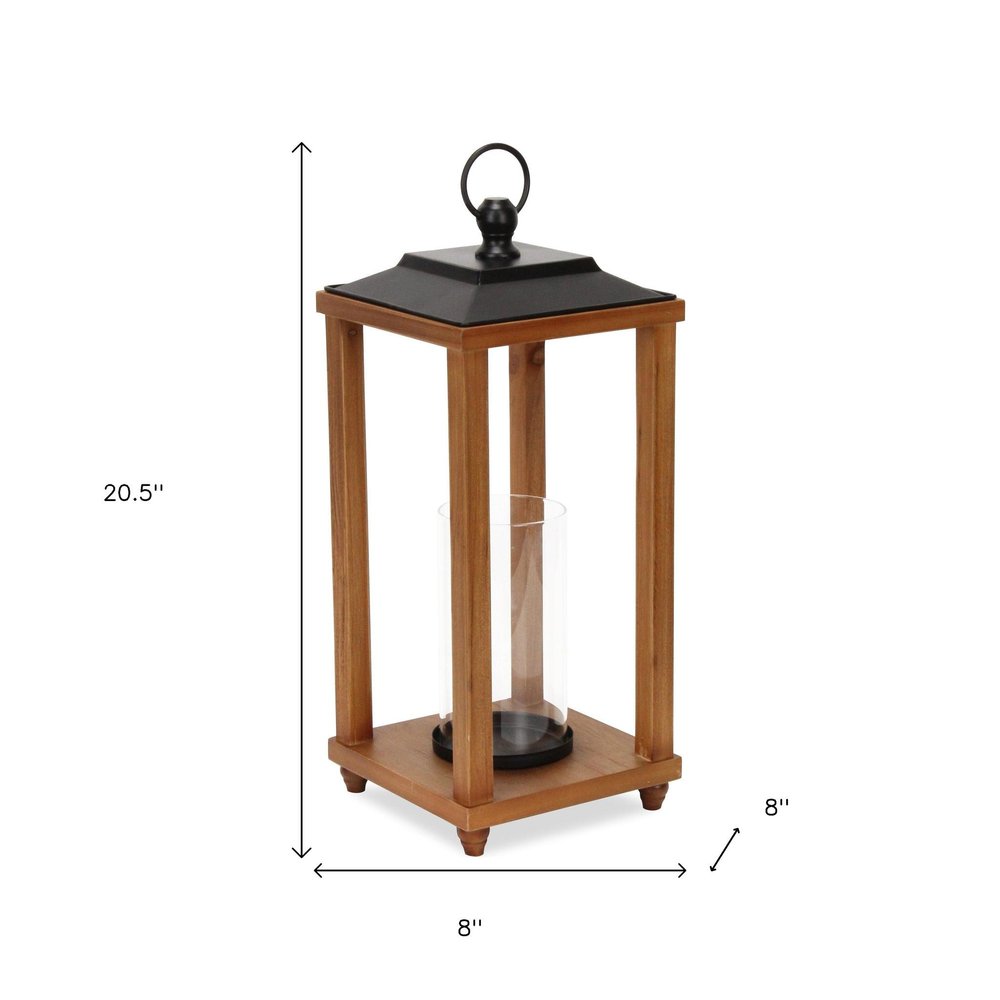 21" Black And Brown Distressed Geometric Metal And Solid Wood Tabletop Lantern Candle Holder