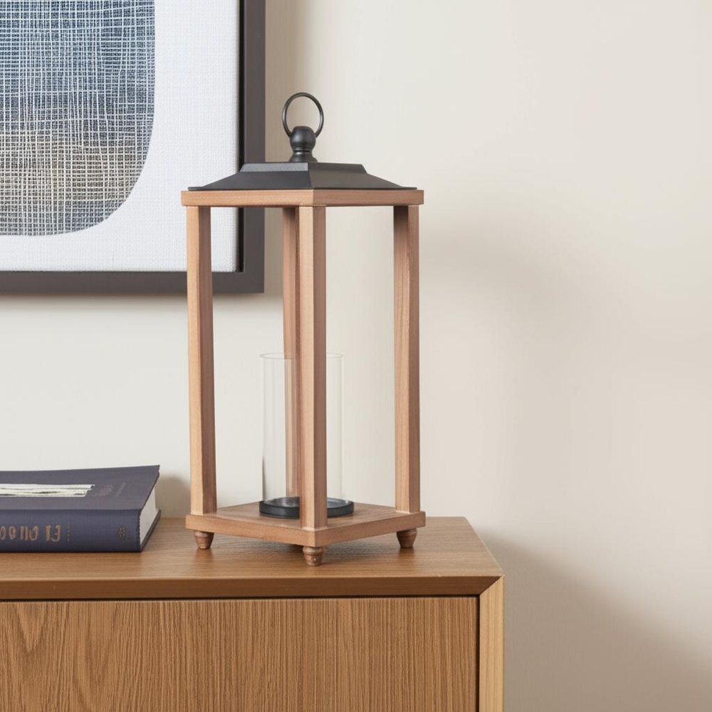21" Black And Brown Distressed Geometric Metal And Solid Wood Tabletop Lantern Candle Holder