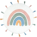Round white bath rug with a pastel rainbow design and colorful tassels around the edge.