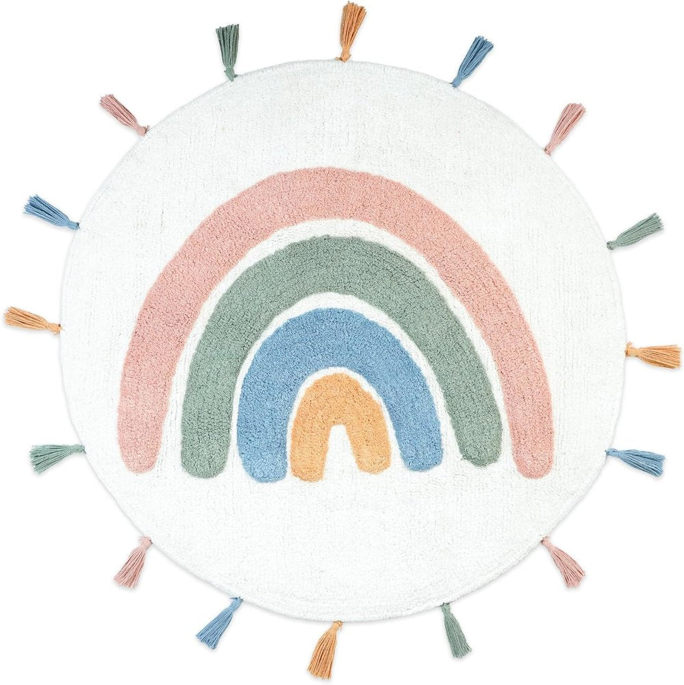 32" White Blue And Pink Cotton Rainbows Round Youthful Bath Rug. Bath rug isolated on a plain white background, finished in blue cotton.