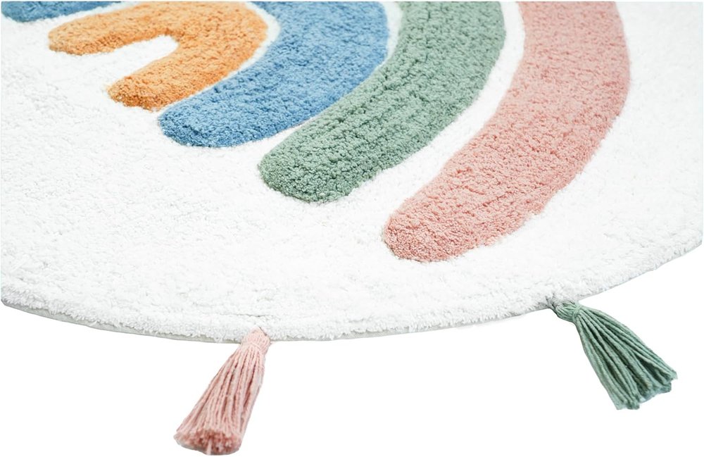 32" White Blue And Pink Cotton Rainbows Round Youthful Bath Rug. Bath rug isolated on a plain white background, in a blue cotton finish.