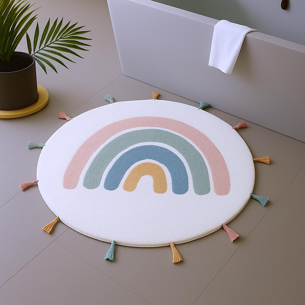 32" White Blue And Pink Cotton Rainbows Round Youthful Bath Rug shown outdoors on a tiled patio.