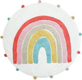 Round white bath rug with a colorful rainbow design and pom-pom trim.