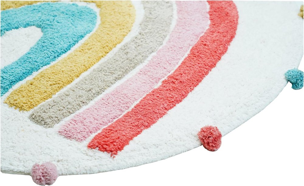 32" White Pink And Yellow Cotton Rainbows Round Youthful Bath Rug. Bath rug in white cotton.