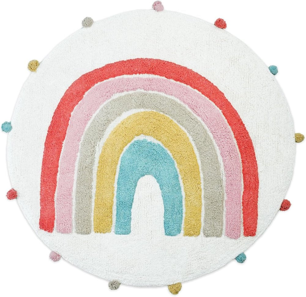 32" White Pink And Yellow Cotton Rainbows Round Youthful Bath Rug. Bath rug isolated on a plain white background, showing a white cotton surface.