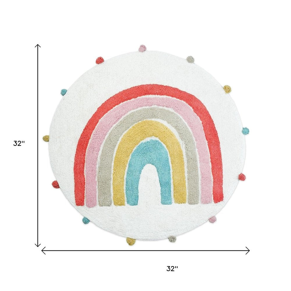 32" White Pink And Yellow Cotton Rainbows Round Youthful Bath Rug. Bath rug isolated on a plain white background, in a white cotton finish.