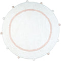 Round white cotton bath rug with a light pink border and pom-pom accents on a white background.