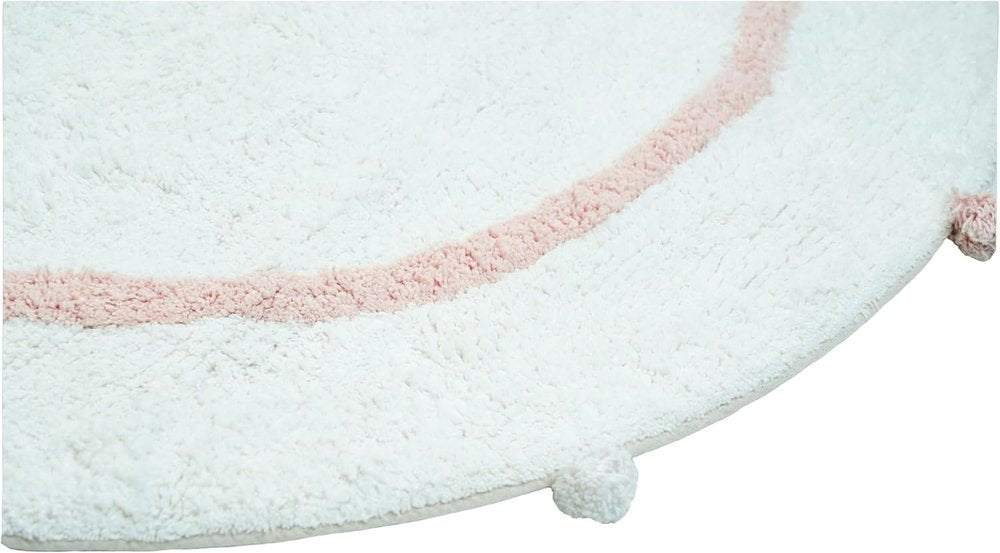 32" Light Pink And White Cotton Round Geometric Bath Rug. Bath rug isolated on a plain white background, in a white cotton finish.