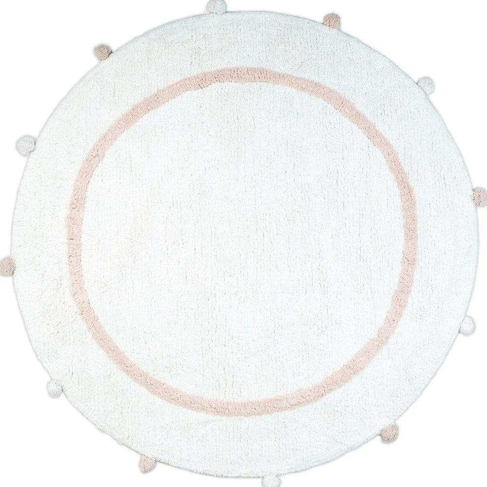 32" Light Pink And White Cotton Round Geometric Bath Rug. Bath rug isolated on a plain white background, showing a white cotton surface.