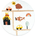 Round white cotton bath rug with a playful road scene featuring cars, a plane, a house, a tree, a rainbow, and a sun.